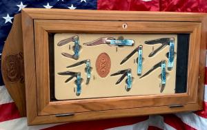 2003 Case xx 8 Knife Set in original case xx cabinet w/ Great Blue Bone Handles -NOS & M/NM
