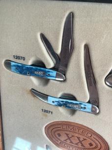 2003 Case xx 8 Knife Set in original case xx cabinet w/ Great Blue Bone Handles -NOS & M/NM