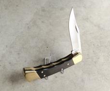 Buck 110 Folding Hunter Knife Ebony Scales Brass Frame Finger Grooves 420HC Blade - NEW