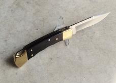 Buck 110 Folding Hunter Knife Ebony Scales Brass Frame Finger Grooves 420HC Blade - NEW