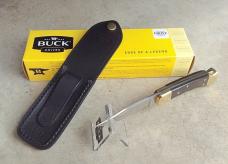 Buck 110 Folding Hunter Knife Ebony Scales Brass Frame Finger Grooves 420HC Blade - NEW