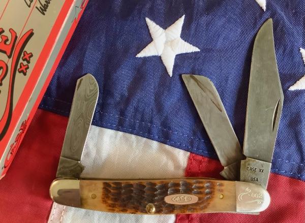 1999 Case xx Stockman w/ Brown Jigged Bone Handles (mdl# ROG6347 D) w/ Damascus Blades -NOS 1999 Case xx Stockman w/ Brown Jigged Bone Handles (mdl# ROG6347 D) w/ Damascus Blades -NOS