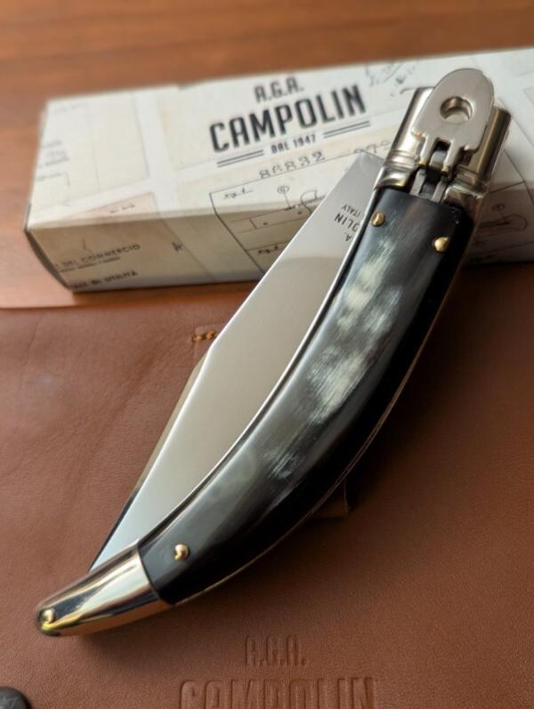 NIB AGA CAMPOLIN DIANA LEVERLOCK AUTO IN BLACK & WHITE BRAZILIAN HORN WITH BOX AND BROWN SHEATH NIB AGA CAMPOLIN DIANA LEVERLOCK AUTO IN BLACK & WHITE BRAZILIAN HORN WITH BOX AND BROWN SHEATH