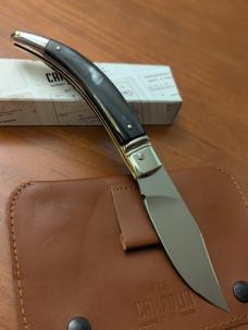 NIB AGA CAMPOLIN DIANA LEVERLOCK AUTO IN BLACK & WHITE BRAZILIAN HORN WITH BOX AND BROWN SHEATH 