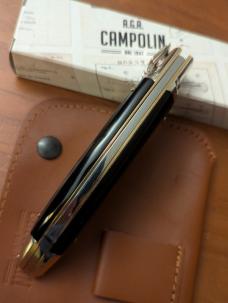 NIB AGA CAMPOLIN DIANA LEVERLOCK AUTO IN BLACK & WHITE BRAZILIAN HORN WITH BOX AND BROWN SHEATH 