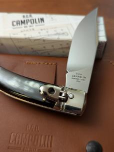 NIB AGA CAMPOLIN DIANA LEVERLOCK AUTO IN BLACK & WHITE BRAZILIAN HORN WITH BOX AND BROWN SHEATH 