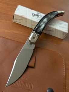 NIB AGA CAMPOLIN DIANA LEVERLOCK AUTO IN BLACK & WHITE BRAZILIAN HORN WITH BOX AND BROWN SHEATH 