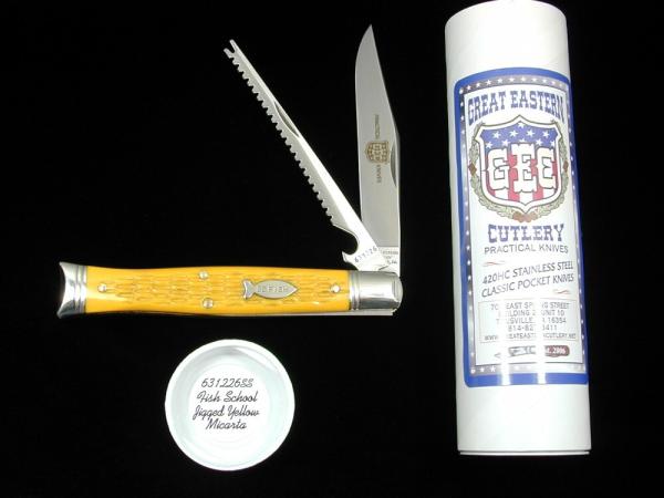 Great Eastern Cutlery GEC Fish School Jigged Yellow Micarta Fish Tail Mako Knife NIT USA 631226SS Great Eastern Cutlery GEC Fish School Jigged Yellow Micarta Fish Tail Mako Knife NIT USA 631226SS