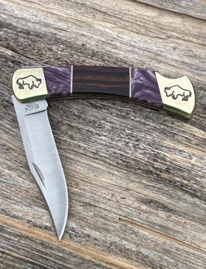 BUCK 110 BRIAN YELLOWHORSE CUSTOM DESERT IRONWOOD PURPLE SPINY OYSTER BUFFALO ENGRAVED
