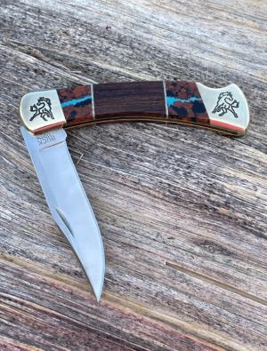 BUCK 110 B YELLOWHORSE LOGO ENGRAVED DESERT IRONWOOD SEMI PRECIOUS STONES ONE EACH SIDE