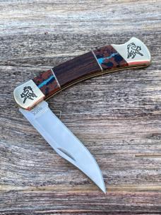 BUCK 110 ** B YELLOWHORSE LOGO ENGRAVED DESERT IRONWOOD SEMI PRECIOUS STONES ONE EACH SIDE
