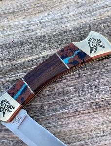 BUCK 110 ** B YELLOWHORSE LOGO ENGRAVED DESERT IRONWOOD SEMI PRECIOUS STONES ONE EACH SIDE