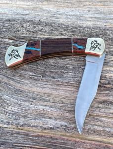 BUCK 110 ** B YELLOWHORSE LOGO ENGRAVED DESERT IRONWOOD SEMI PRECIOUS STONES ONE EACH SIDE