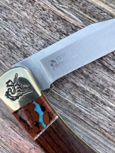 BUCK 110 ** B YELLOWHORSE LOGO ENGRAVED DESERT IRONWOOD SEMI PRECIOUS STONES ONE EACH SIDE