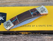 BUCK 110 ** B YELLOWHORSE LOGO ENGRAVED DESERT IRONWOOD SEMI PRECIOUS STONES ONE EACH SIDE