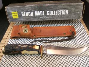 SCHRADE 498 quotBENCH MADEquot USA VINTAGE 49R GOLD RUSH CARBON STEEL FIXED BLADE HUNTING KNIFESHEATH