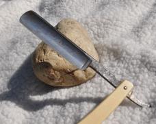 Razor Robeson Shur Edge Rochester NY 6" White Faux Ivory Stained Mirror Polish Logo On Blade