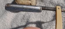Razor Robeson Shur Edge Rochester NY 6" White Faux Ivory Stained Mirror Polish Logo On Blade