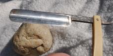 Razor Robeson Shur Edge Rochester NY 6" White Faux Ivory Stained Mirror Polish Logo On Blade