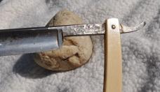 Razor Robeson Shur Edge Rochester NY 6" White Faux Ivory Stained Mirror Polish Logo On Blade