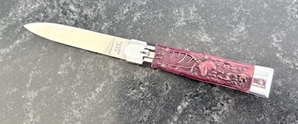 FES Rostfrei Lever Lock Switchblade Knife, Faux Red Stag, Germany, Unused