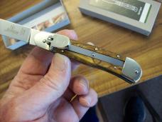 Hubertus Knife Solingen Automatic Just Arrived Yellow Curly Birch Medium Size 10 Clip-Point UNUSED!