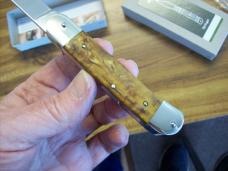 Hubertus Knife Solingen Automatic Just Arrived Yellow Curly Birch Medium Size 10 Clip-Point UNUSED!