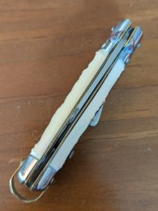 GENUINE IMITATION STAG BARGEON 20CM BOBC SWEDGE BLADE BRASS COINED LINERS, PINS, SAFETY AND BAIL 