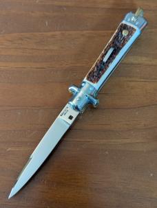 GENUINE IMITATION STAG BARGEON 20CM BOBC SWEDGE BLADE BRASS COINED LINERS, PINS, SAFETY AND BAIL 