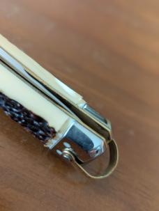 GENUINE IMITATION STAG BARGEON 20CM BOBC SWEDGE BLADE BRASS COINED LINERS, PINS, SAFETY AND BAIL 