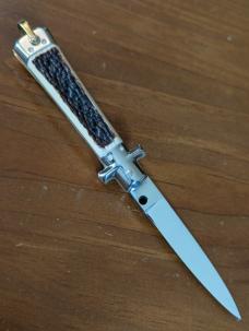 GENUINE IMITATION STAG BARGEON 20CM BOBC SWEDGE BLADE BRASS COINED LINERS, PINS, SAFETY AND BAIL 