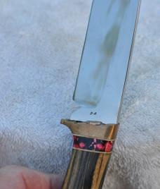 R.W. Wilson Fixed Blade 9.5" OAL Bocote Wood Nutted Tang Fancy Copper Guard Mint Tomahawk Tang Stamp