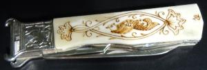 Vintage Russian camper knife with shotgun shell extractor- scrimshaw bone handle