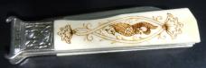 Vintage Russian camper knife with shotgun shell extractor- scrimshaw bone handle