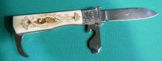 Vintage Russian camper knife with shotgun shell extractor- scrimshaw bone handle