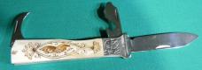 Vintage Russian camper knife with shotgun shell extractor- scrimshaw bone handle