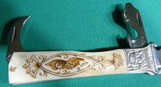 Vintage Russian camper knife with shotgun shell extractor- scrimshaw bone handle
