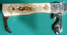 Vintage Russian camper knife with shotgun shell extractor- scrimshaw bone handle