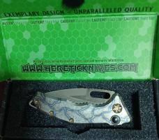 HERETIC MEDUSA AUTO TANTO BATTLE WORN BRONZE W/FLAMED TITANIUM HANDLES.