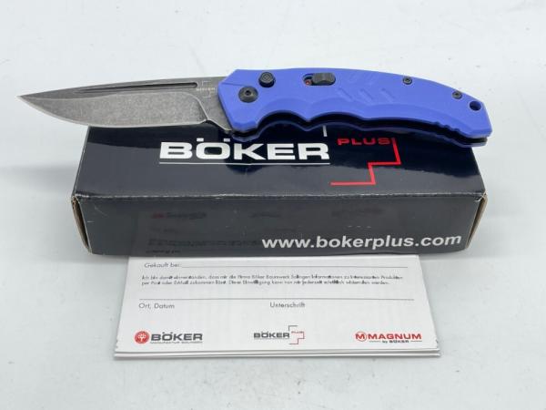 BOKER PLUS 0408 Blue G10 Blackwash D2 Intention II Automatic w/ OMP Box BOKER PLUS 0408 Blue G10 Blackwash D2 Intention II Automatic w/ OMP Box