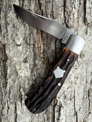 SACRED BEAR quotTORY UTTquot CUSTOM AMBER STAG MODIFIED TRAPPER CPM 154 KNIFE