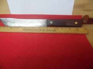 OLDER PRE-OWNED WELL MADE "NO ID" BUTCHER KNIFE APPROX 11-1/2" WITH GOOD STEEL WOOD HANDLE AND EDGE