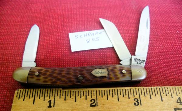 VINTAGE APPROX.3-1/4" LIGHTLY USED PRE OWNED JIGGED SCHRADE 855 USA STOCKMAN