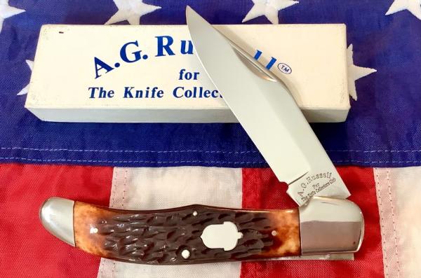 1989 Russell Large Locking Folding Hunter Knife w Brown Bone Handles +Acorn Shield NOS in Orig box 1989 Russell Large Locking Folding Hunter Knife w Brown Bone Handles +Acorn Shield NOS in Orig box