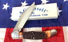 1989 Russell Large Locking Folding Hunter Knife w Brown Bone Handles +Acorn Shield NOS in Orig box