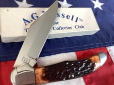 1989 Russell Large Locking Folding Hunter Knife w Brown Bone Handles +Acorn Shield NOS in Orig box