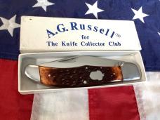 1989 Russell Large Locking Folding Hunter Knife w Brown Bone Handles +Acorn Shield NOS in Orig box