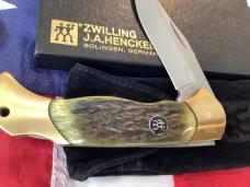 J A Henckels Folding Hunter Pocket Knife w/ Green Pick Bone Handles -NOS +Orig Box