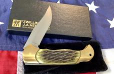 J A Henckels Folding Hunter Pocket Knife w/ Green Pick Bone Handles -NOS +Orig Box