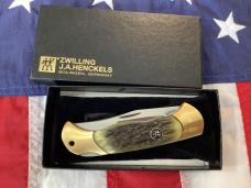 J A Henckels Folding Hunter Pocket Knife w/ Green Pick Bone Handles -NOS +Orig Box